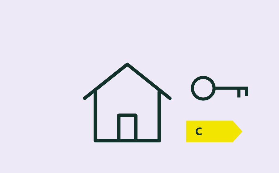 Illustratie van een woning met een sleutel en energielabel C